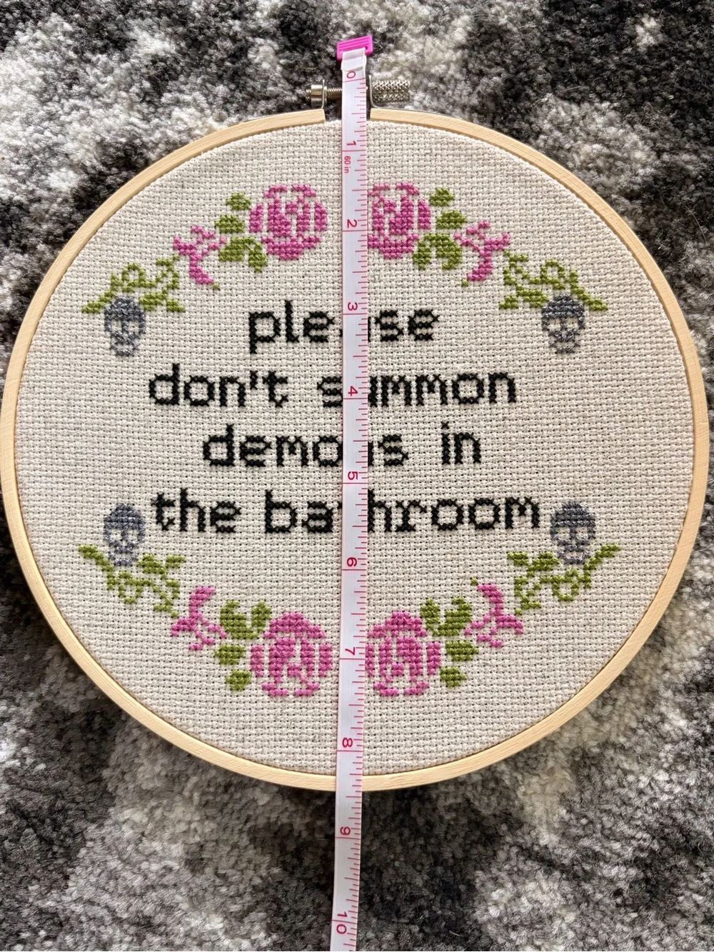 Bathroom Demons Cross Stitch Hoop